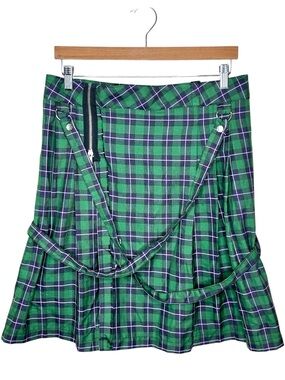 Vintage Lip Service Green Plaid Kilt Size Medium Suspenders Unisex USA Y2K 90s